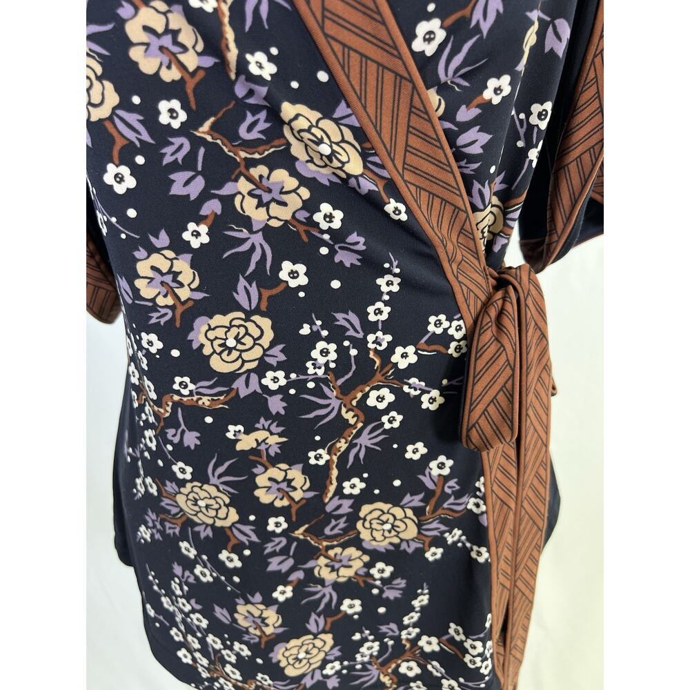 VTG BCBG Gorgeous Y2K Asian Print Kimono Wrap Top Women’s Small Blue Brown - Picture 5 of 11